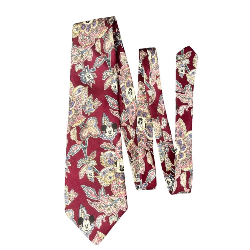 Disney Mickey Mouse Mens Silk Tie Burgundy Paisley Floral Made in USA